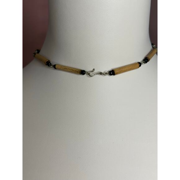 EUC Vintage Black Onyx Bamboo Silver-Tone Necklace Statement Piece Dangle - Picture 7 of 7